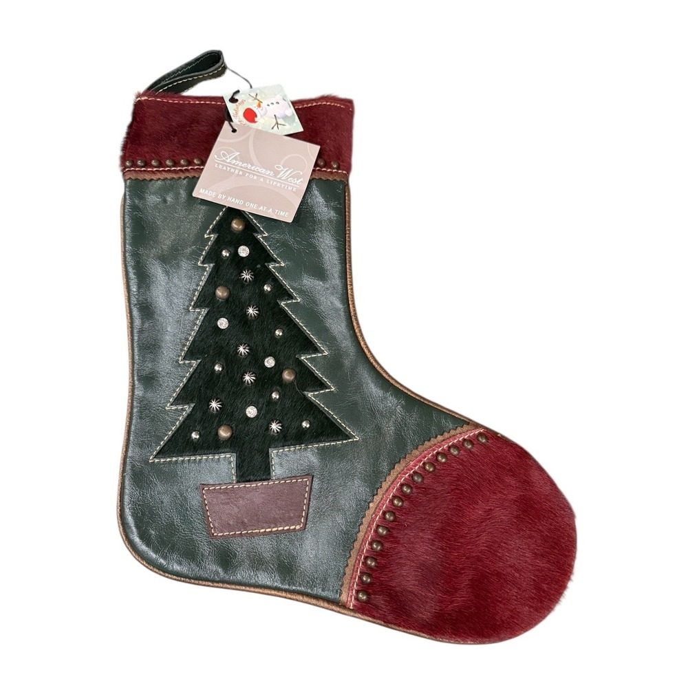 American West‎ Genuine Leather Hide Hair stud Christmas BRW Stocking  NWT Cowboy